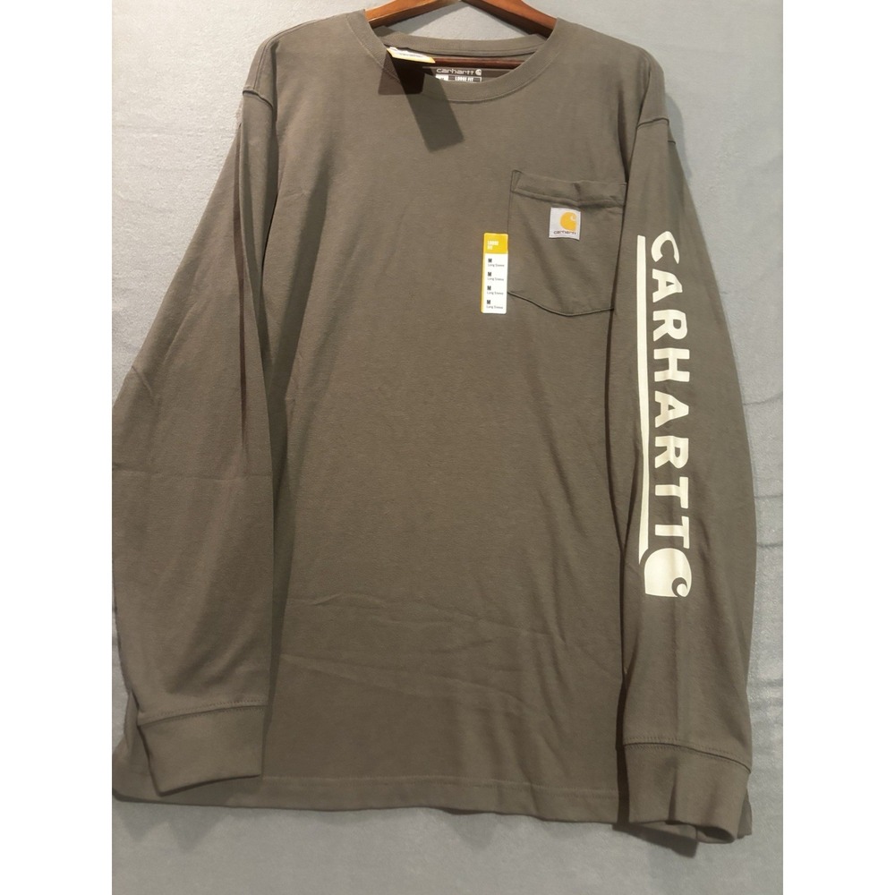 NEW Carhartt Mens M Long Sleeve Shirt Loose Fit Pocket Logo Workwear Olive Green